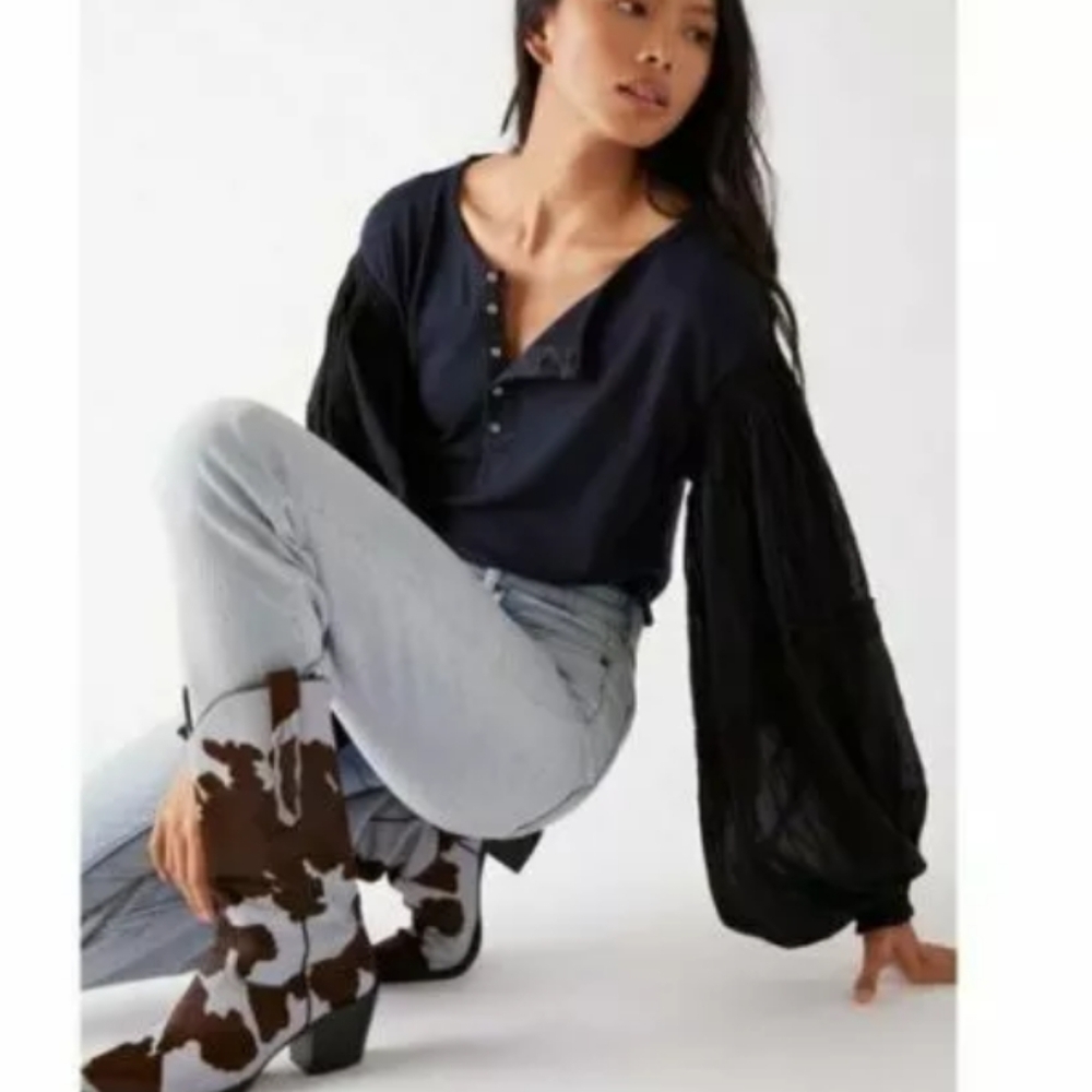 Free People Light Magic Deepest Navy Henley Pullover Top voluminous sleeves